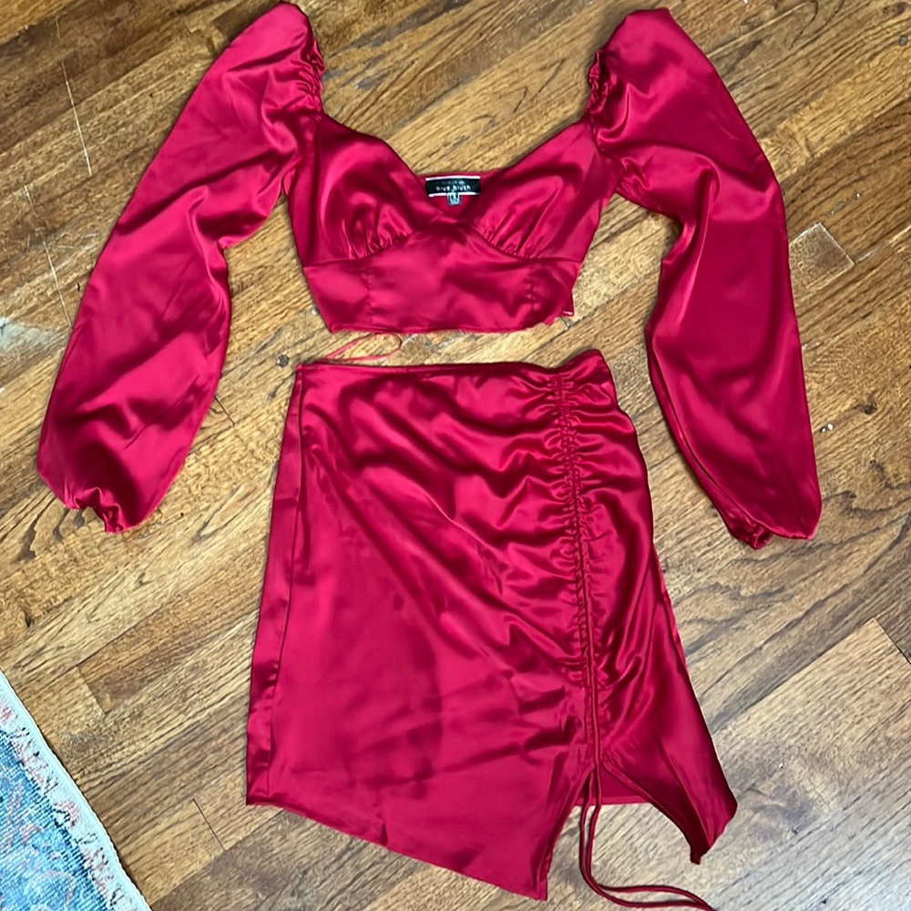 Red two piece dress.